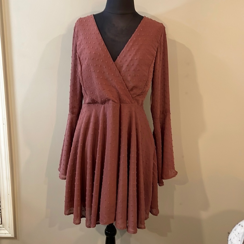 Altar’d State “Gigi” Dress. Chiffon Dots Sheath Dress W/Bell sleeves. Berry - Picture 2 of 12